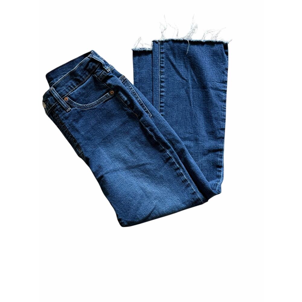GAP High Rise Kick Fit Jeans Cropped Flare Raw Hem Dark Wash EUC Size 29/8R